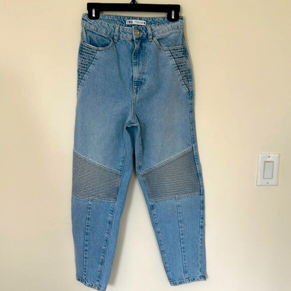 Zara Women’s Denim Blue Jeans size 4  Jeans  Mom Fit Biker Jean Knee detail - Picture 2 of 8